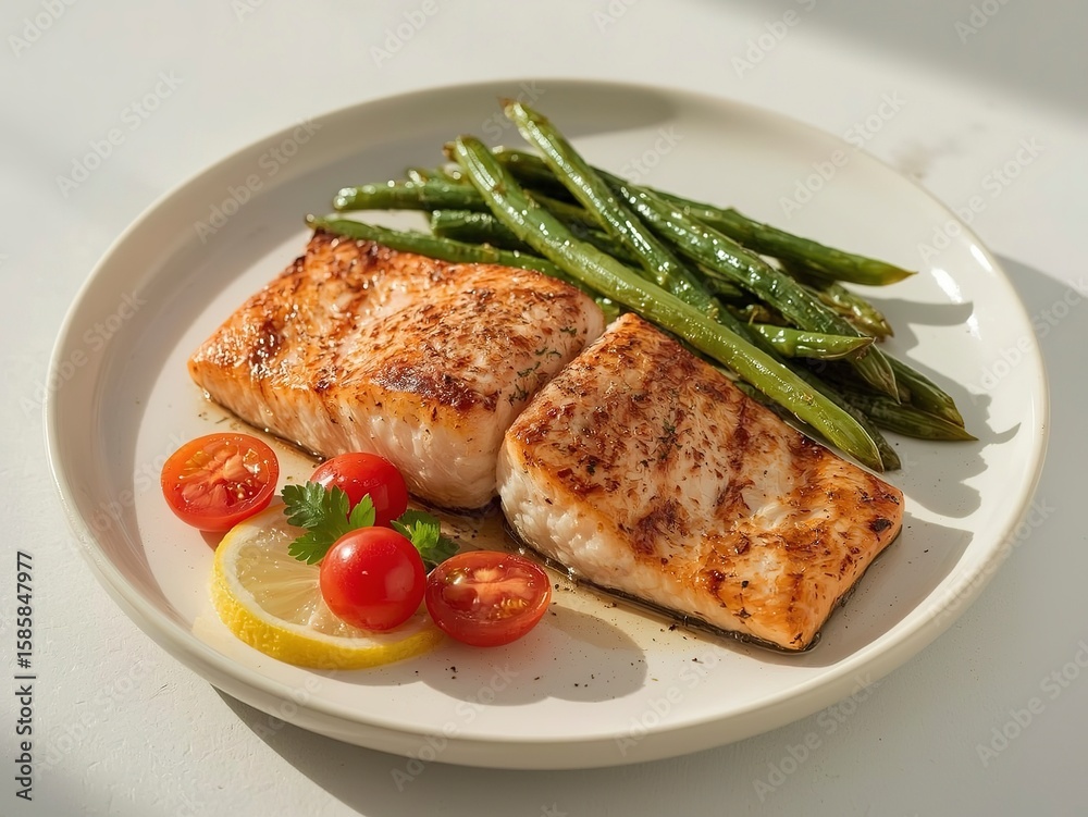Grilled salmon fillets served with fresh green beans, cherry tomatoes and a lemon slice for a healthy lunch Grilled salmon fillets served with fresh green beans, cherry tomatoes and a lemon slice for a healthy lunch