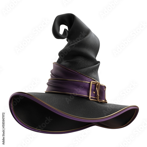 Black Witch Hat with Purple Ribbon and Gold Buckle isolated on transparent or white background	

