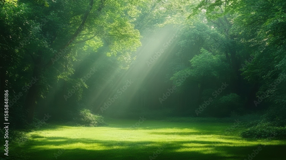 Obraz premium Sunlight streams through a lush forest