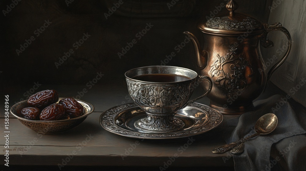 Fototapeta premium Coffee cup dates and teapot still life