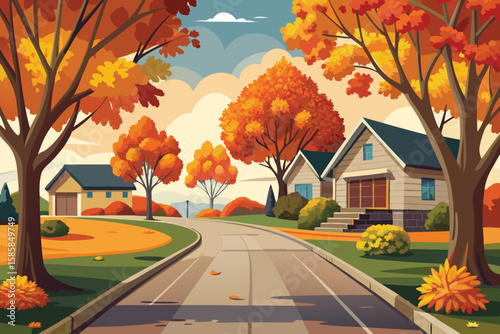 Golden autumn leaves blanket the scenic forest road, winding through colorful trees under a vast sky