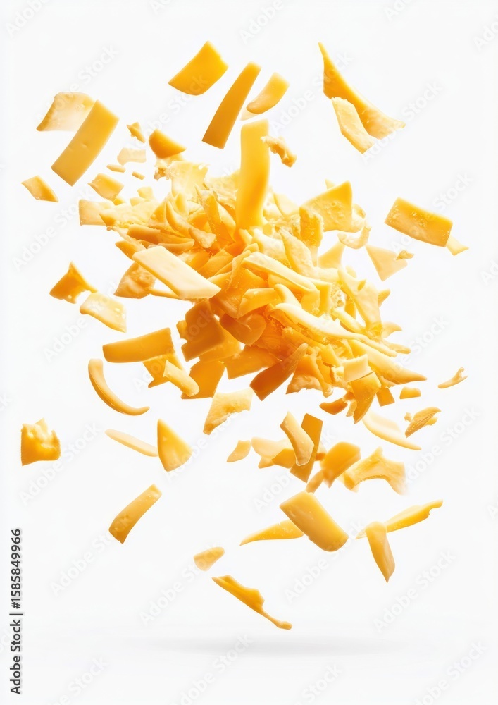 Fototapeta premium Grated Gouda cheese falling food photography explosion.