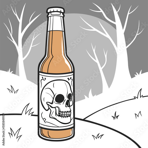 A blank, isolated brown beer bottle with a cap stands full of cold liquid, a refreshing dark lager beverage