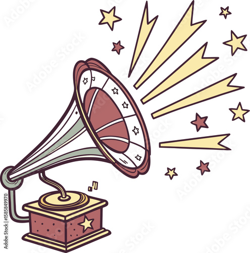 A vintage gramophone with a wooden box and retro speaker plays a vinyl record, evoking old music nostalgia