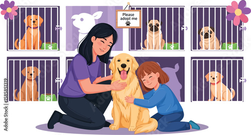 Family adopting a golden retriever from an animal shelter with other dogs