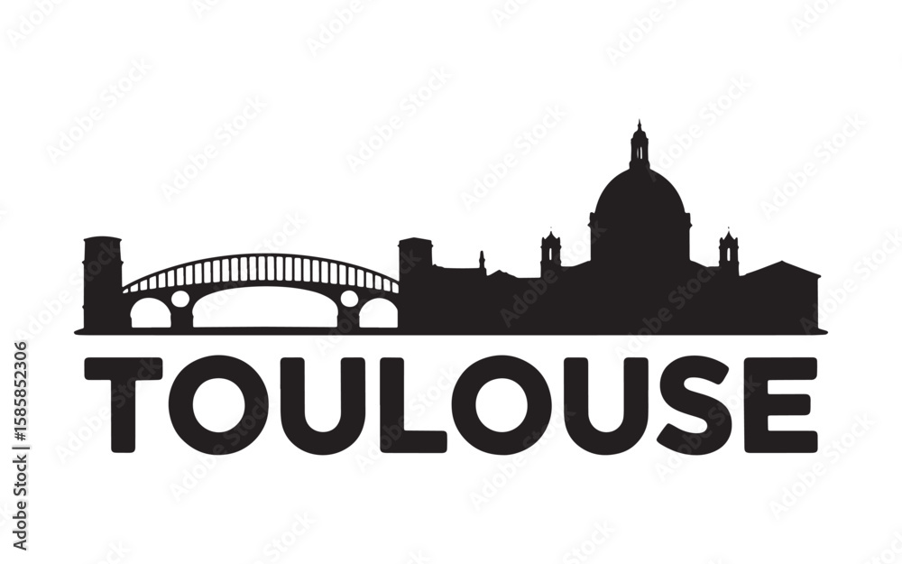 Fototapeta premium Black Silhouette of Toulouse Skyline and Name a Captivating Cityscape Emblem of France's Pink City on White Background
