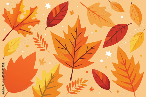 Orange and yellow autumn maple and oak leaves create a seamless fall pattern on a brown natural background