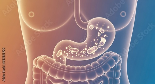Probiotic bacteria are good bacteria that help maintain the natural balance of organisms - microflora - in the intestines and are showing dissolving inside the stomach in a transparent human body