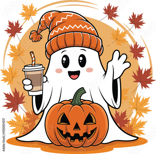 Fall Ghost Pumpkin Cute Autumn Halloween Coffee Clip-art Vector Design

