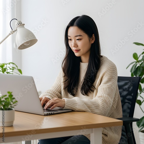 A woman working on laptop in an office setting, she is engrossed in her work