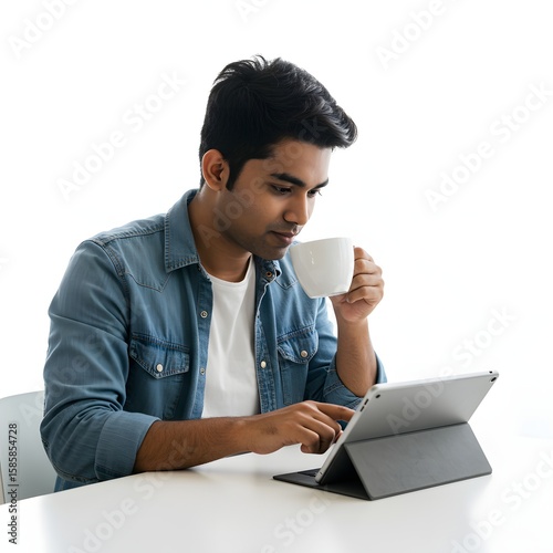 A man working and drinking coffee, focused on his work and enjoying his coffee