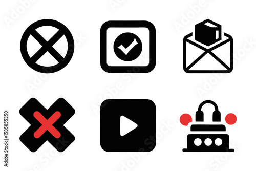 Collection of diverse vector icons representing various actions and functionalities including prohibition confirmation email cancellation play button and podcasting all in a modern and minimalist