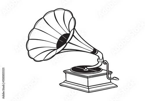Vintage Gramophone Illustration Black and White Line Art