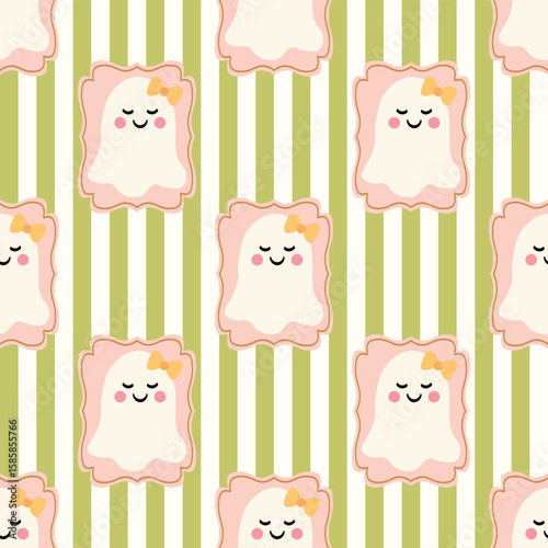 cute ghosts wtih coquette bows seamless pattern for halloween green striped background