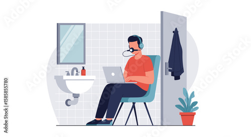 A man diligently works on his laptop with headphones and a microphone, transforming a small bathroom into his unconventional remote home office.
