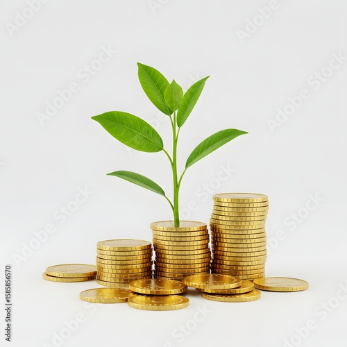 Concept of financial growth with coins and plant. The plant rises from a pile of gold coins, symbolizing financial growth