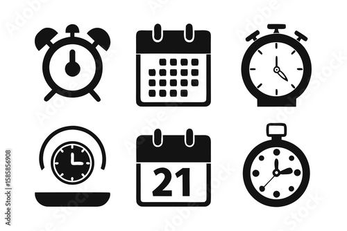 Collection of Black and White Time and Date Icons Alarm Clocks Calendars and Stopwatches Representing Scheduling Deadlines and Time Management in a Minimalist Style