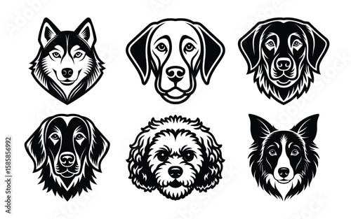 Six Dog Breed Portraits:  Bold Black and White Vector Illustrations