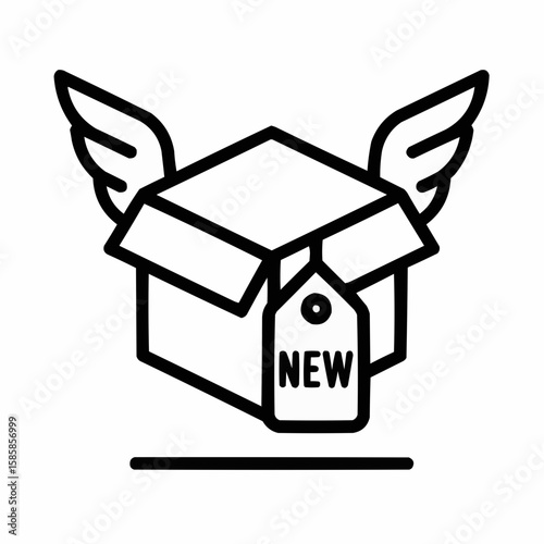Box with unfolding wings and 'NEW' tag. Market entry visualization.