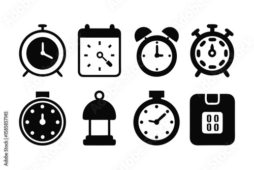 Collection of Time Related Icons in Black and White Including Alarm Clocks Calendar Stopwatch Timer and a Lantern Symbolizing the Passage of Time all in