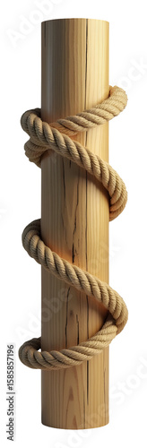 Strong wooden post wrapped with textured rope. Evokes sturdy nautical imagery