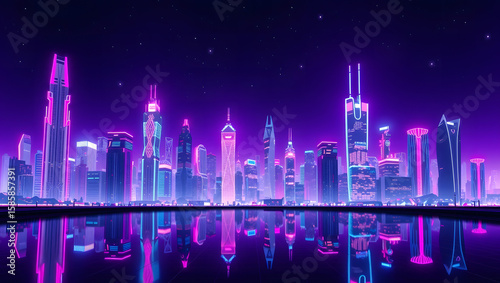 Futuristic Neon Cityscape Skyline at Night with Reflection