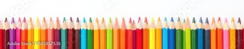 Array of vibrant colored pencils arranged on pure white background, crayons, craft