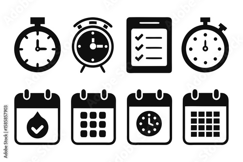 Icon set representing time management scheduling and productivity in a minimalist black and white design suitable for websites apps and presentations related to organization