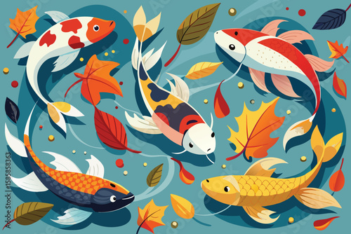 Seamless pattern of cute cartoon sea animals and tropical fish underwater illustration