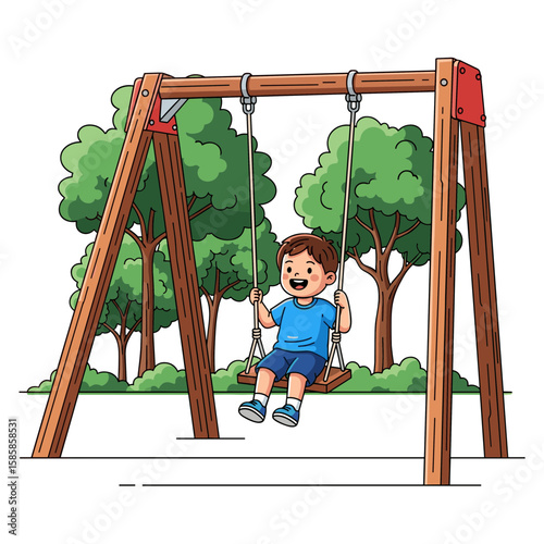 Happy Boy Swinging on a Playground Swing Set in Park, Outdoor Fun Illustration