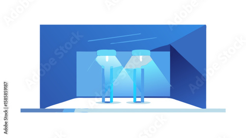 Modern blue room interior design with two lamps and light effects for website and graphic design projects