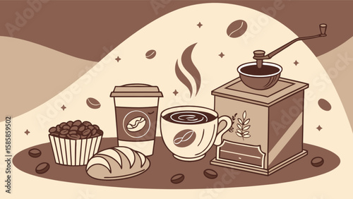 Vintage coffee shop scene with coffee beans grinder and cup vector illustration for cafe lovers art 100