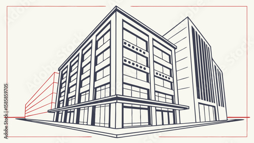 Architectural drawing of modern office buildings in perspective view for real estate design concept art