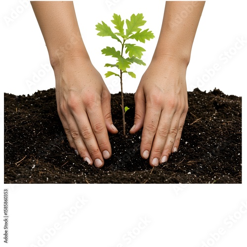 Hands carefully planting a young sapling, symbolizing growth and nurturing. The scene evokes feelings of care and environmental consciousness.