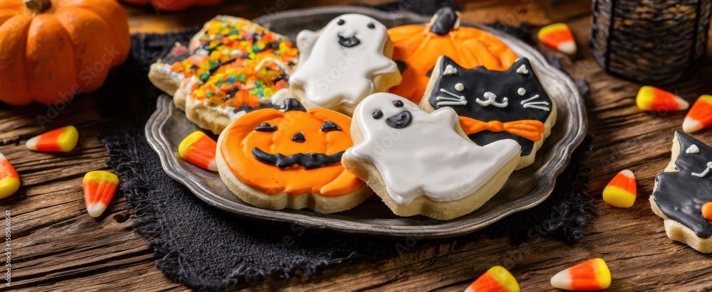Obraz premium The delightful assortment of Halloween-themed cookies on a rustic platter.