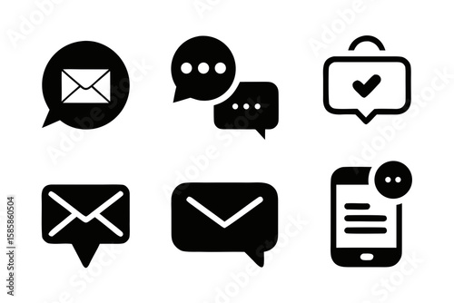 Set of communication icons including email chat bubbles notification and confirmation all in a simple black and white vector style for easy use in design