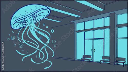 Neon jellyfish floating in a modern building interior art illustration design concept drawing for graphic design