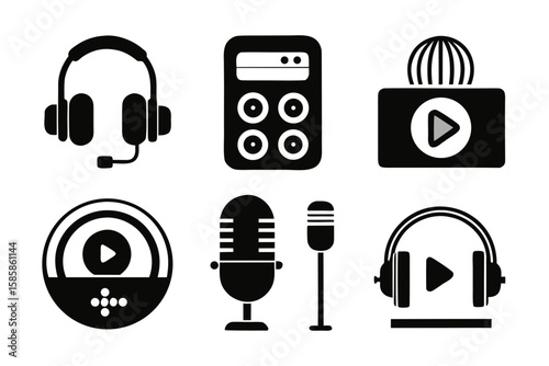 Collection of Black and White Podcast and Audio Equipment Icons Including Headphones Microphones and a Soundboard Perfect for Podcast and Music Production Visuals