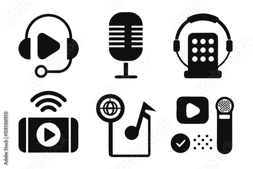 Collection of podcasting and audio recording icons in black silhouette representing equipment production and distribution for digital content creation and broadcasting on white background