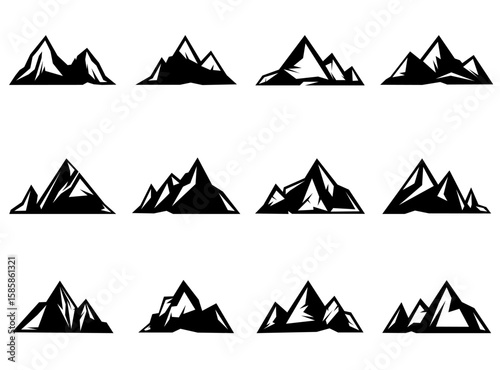 Set of mountain silhouettes. Unique rocky mountains icon or cool logo collection