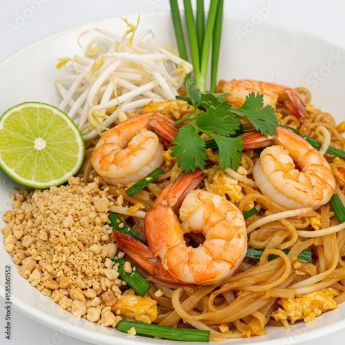 A delicious Pad Thai dish with shrimp, garnished with fresh lime and peanuts