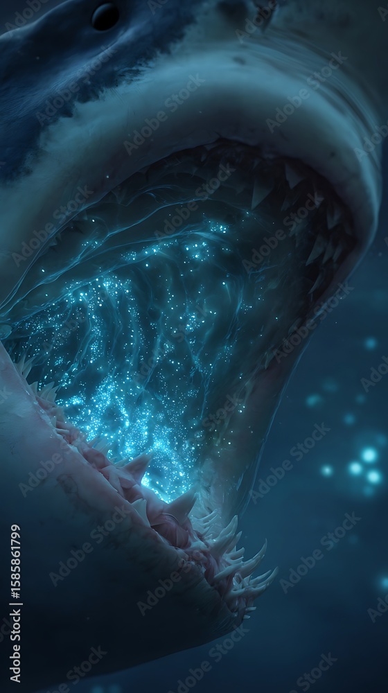 Obraz premium A great white shark's open mouth, detailed view, showcasing luminous particles.