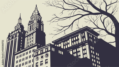 Vintage city skyline vector art with tall buildings and bare tree branches design illustration for print art
