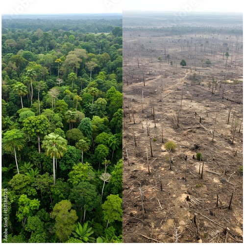 A striking contrast between a vibrant forest and a deforested area, highlighting the impact of environmental change. This visual represents the critical need for conservation
