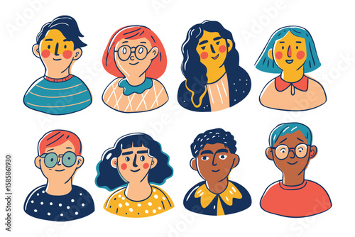 Diverse Portraits: A collection of illustrated headshots of diverse individuals, showcasing unique expressions, hairstyles, and features, reflecting the beauty of human variety and individuality.