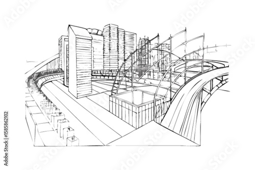 Architectural sketch of city skyline with buildings bridges and elevated train line design concept art 3d