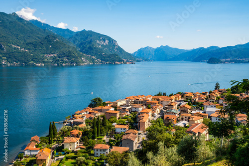 A view of Lake Como, photographed from Santa Maria Rezzonico, with Bellagio, the mountains and the two branches of the lake.
