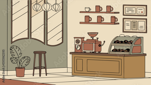 Illustration of a coffee shop cafe interior with pastries and coffee machine for design inspiration