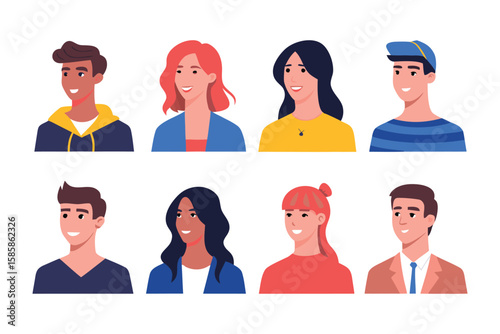 Diverse Portrait Set: A collection of stylishly illustrated diverse portraits showcasing a range of ages and ethnicities, smiling confidently and embodying modern aesthetic.