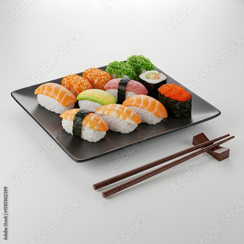 Delicious sushi assortment on a dark square plate with chopsticks. The sushi includes salmon nigiri, avocado maki, and various other types of sushi.